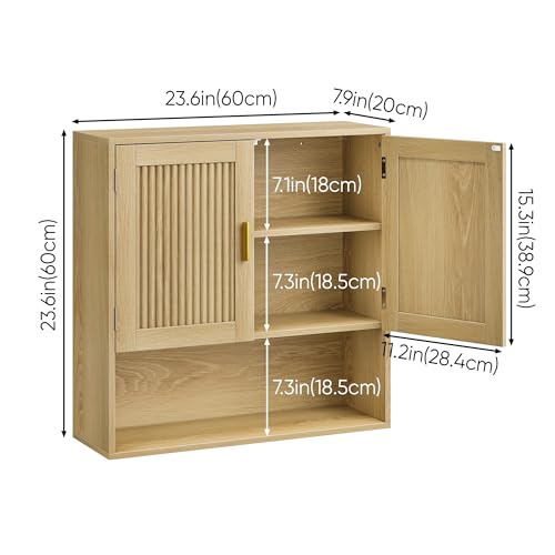 Fluted Bathroom Cabinet,Bathroom Wall Cabinet with Adjustable Shelves,Wooden Wall Storage Cabinet for Bathroom,Kitchen,Living Room,Bedroom