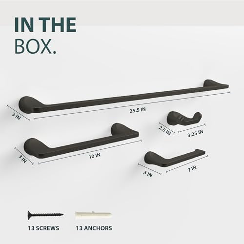 Mega Handles Bathroom Towel Holder Set - 4 Pieces Bathroom Accessories Sets - Heavy Duty Bathroom Accessory Set, 25'' Towel Bar, Robe Hooks & Toilet Paper Holder Wall Mounted - Matte Black Bath Suite - color: Matte Black