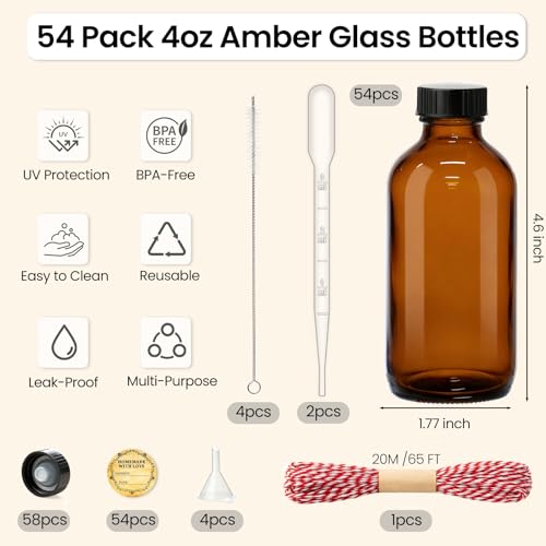 TBWIND 54 Pack 4oz Amber Glass Boston Round Bottles with Airtight Caps | Refillable Glass Bottles for Vanilla Extract, Homemade Liquids, Syrups, Oils & DIY Crafting with Droppers, Labels & Funnels - size: 4oz