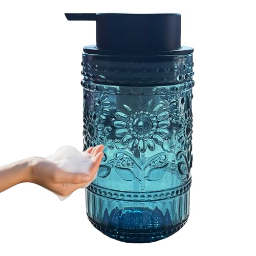 Foaming Hand Soap Dispenser,Vintage Glass Soap and Lotion Dispenser for Bathroom,Kitchen Dish Soap Dispenser with Silver Foam Pump,Cute Farmhouse Antique Decor (Blue+Foam Pump) - color: Blue+foam Pump
