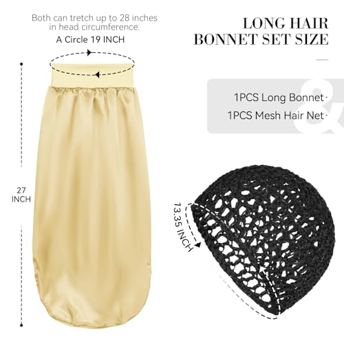 Long Hair Bonnet-Hair Wrap Net for Silk Press Set Braid Bonnet for Sleeping Extra Long Wrap Cap 2 Piece Set Anti Frizz Reusable Elastic Shower Cap for Braids, Curly(black net, gold bonnet) - color: Black Net, Gold Bonnet