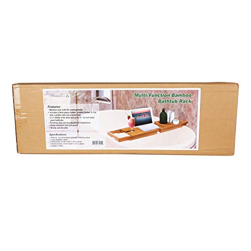 Moclever Bathtub Caddy Trays - Premium Bamboo Bath Trays with Extending Sides, Reading Rack, Tablet Holder, Cell Phone Tray and Luxury Wine Glass Holder - Natural Bamboo Color