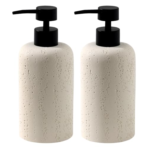 Soap Dispensers 400mL 13.5 OZ, 2 PCS Luxurious Hand Dish Lotion Shampoo Soap Dispenser Jar, Travertine Soap Pump Bottles for Kitchen Bathroom Countertop (Cream) - color: Cream