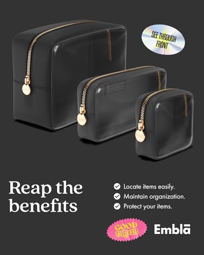 Clear Cosmetic Bags Set of 3, Mini Small Large Makeup Bags For Women Clear Pouch Cosmetics Cases Zipper Cute Pouches Make Up Travel Toiletry Essentials Preppy Purse Organizer Makeup Cases, Black | Large, Medium & Small Clear Nylon/PVC Cosmetic Bags with Z