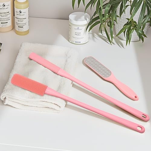 Pack of 3 Silicone Toe Cleaning Brush,Soft Brush Foot Scrubber Long Handle Bathroom Shower Bath Brush Wet and Dry Use for Seniors,Elderly, Men and Women (Pink) - color: Pink