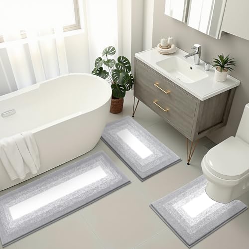 Bsmathom Bathroom Rugs Sets 3 Piece, Non-Slip Absorbent Bath Mats, Plush Shaggy Microfiber Bath Rug with U-Shaped Contour Toilet Mat Machine Washable, Light Grey - color: Light Grey, size: 18"x26"+18"x48"+U Shape 20"x24"