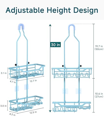 Upgraded Extended Length Shower Organizer with Hooks, Rustproof Shampoo Soap Holder, Large Hanging Bathroom Caddy, Blue - color: Blue