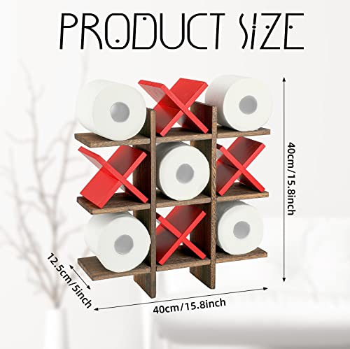 Weysat Tic Tac Toe Toilet Paper Holder Stand Bathroom Wall Decor Rustic Wooden Hanging Storage Freestanding Wall Mounted Shelves Decor for Toilet Tissue Farmhouse - color: Brown, Red