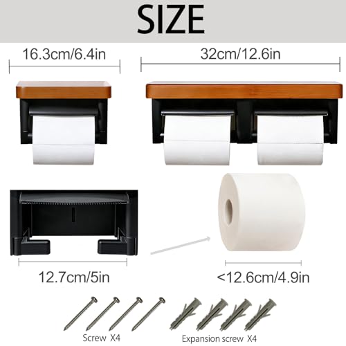Toilet Paper Holder with Shelf- with Toilet Paper Cutting Function, Modern Toilet Paper Holder Wall Mounted for Bathroom Washroom (Wood Brown&Black, Double) - color: Wood Brown&black, size: Full