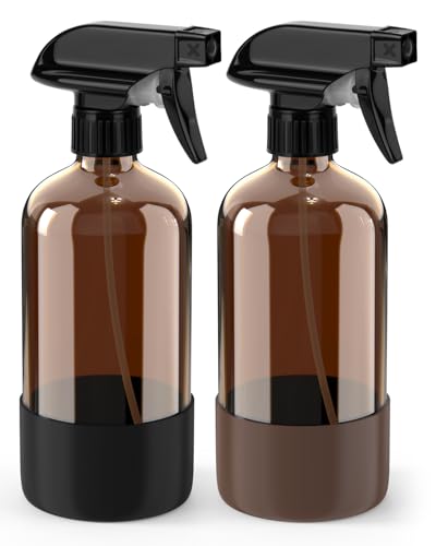 Bontip Glass Spray Bottle with Silicone Sleeve Protection, Amber Glass Spray Bottle Set for Window Cleaner Aromatherapy Facial Hydration Watering Flowers Hair Care 2 Pack/16 oz (Black & Brown) - color: Black & Brown, size: 16 Ounces