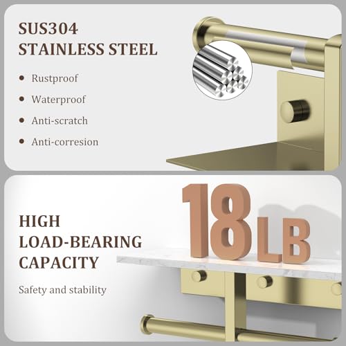BWE Double Toilet Paper Holder with Shelf, Wall Mounted Tissue Roll Holder for Bathroom, Commercial Toilet Paper Dispenser, Marble Toilet Paper Storage Holder with Phone Shelf (Brushed Gold) - color: Double Brushed Gold
