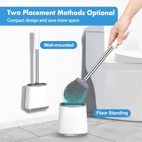 Toilet Brush, Silicone Toilet Brush and Holder, Flexible Toilet Bowl Brush Head with Ventilated Holder, Wall Mounted Compact Toilet Brush Set for Bathroom Cleaning (1, Gray)