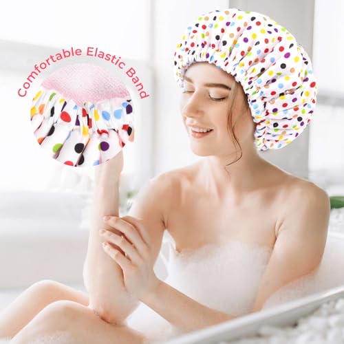 Shower Cap for Women Terry Lined Bath Cap Large Reusable Waterproof Elastic Band Pink Point Shower Caps for Long Thick Hair Soft Bath Shower Hair Caps - color: Color Dots