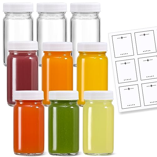 9 Pack 2 oz Glass Shot Bottles w/ White Lids & 9 Labels - Small Clear Jar for Ginger, Wellness Shot, Juice, Sample, Whiskey - Travel Essentials Mini Bottles - Wide Mouth, Leakproof, Dishwasher Safe - color: White Lids, size: 2oz-9 pack