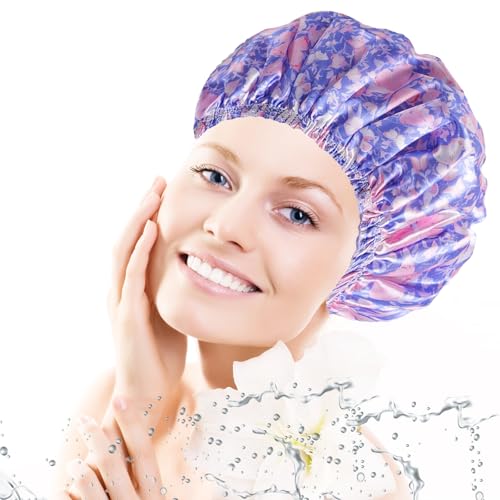 Shower Cap for Women,4 PCS Elastic and Reusable Bath Caps, Double Layers Shower Caps Reusable Waterproof, Bathing Shower Caps, Environmental Bath Hair Protection Cap - Butterfly E - color: Butterfly E