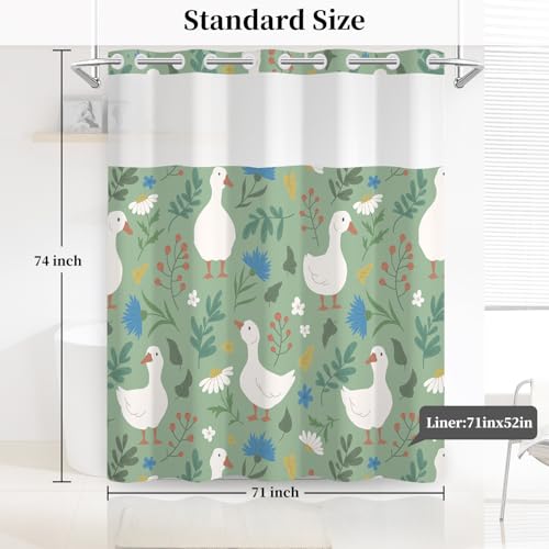 No Hook Shower Curtain with Snap-in Liner Set 71x74 Inch | Farmhouse Goose Shower Curtain with Mesh Top Window, Cute Animal & Floral & Botanical Bath Curtain, Waterproof Washable - color: Goose