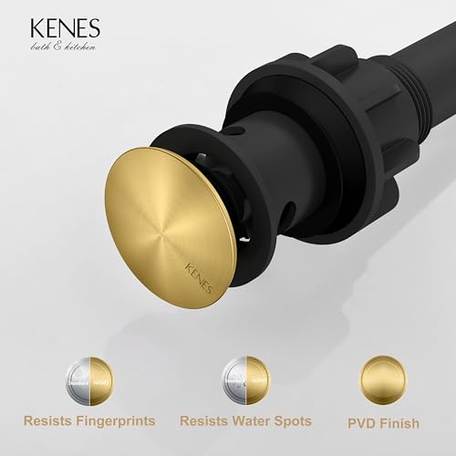 KENES Brushed Gold Pop Up Bathroom Sink Drain with Overflow, Bathroom Sink Drain Assembly with Strainer Pop Up Drain, Lavatory Bathroom Vanity Sink Pop Up Drain Stopper - color: Brushed Gold, size: Big Pop up Cap (With Overflow)