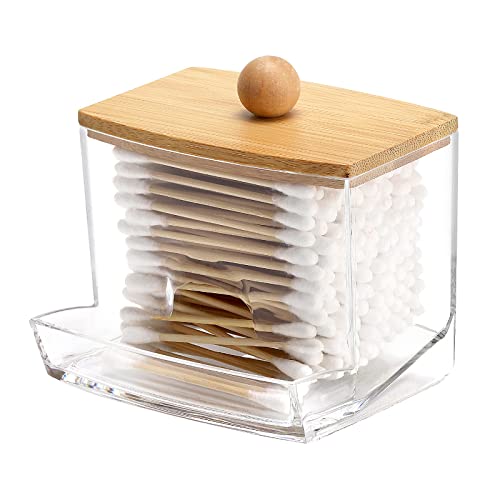 Tbestmax 10oz Qtip Holder Dispenser with Bamboo Lids, Big Clear Bathroom Organizer Accessories Decor for Storage-Qtips Cotton Ball Holder Apothecary Jars, Cotton Swabs, Floss Container - color: 1Pc-Brown