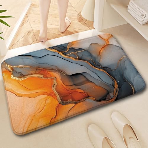 Black Gold Marble Bath Rug, Modern Orange Grey Abstract Marble Floor Mat Non-Slip Microfiber Soft Plush Bathroom Mat Carpets for Bedroom Kitchen Bathroom Toilet 17x29 Inch - color: Orange Gold