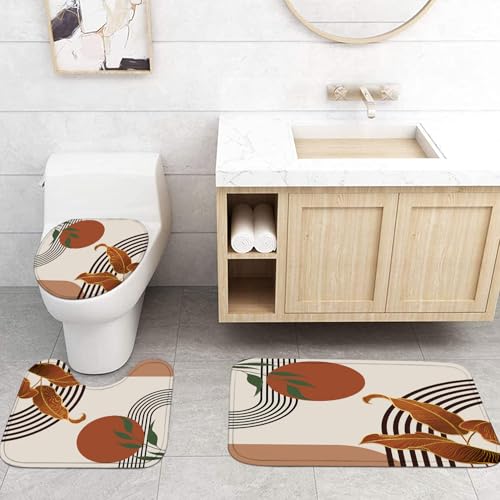 LQCOOL 4Pcs Boho Mid Century Shower Curtain Set, Modern Minimalist Bathroom Sets, Abstract Geometric Bathroom Sets with Shower Curtain and Rugs, Shower Curtain with 12 Hooks - color: Brown Black
