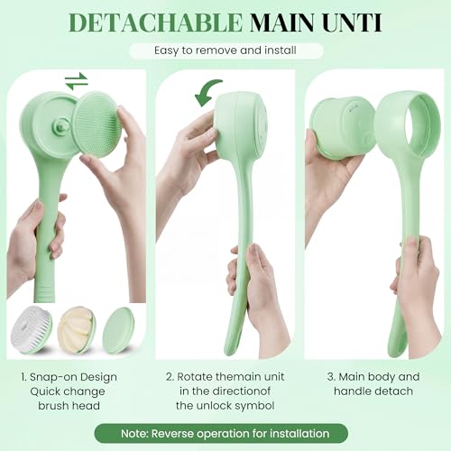 Electric Body Brush Back Scrubber for Shower，5 Replaceable Heads and Hook,Waterproof Long Dual Handle Power Body Scrubber 2 Speeds, for Cleansing Body, Exfoliating and Massaging Skin. - color: Green