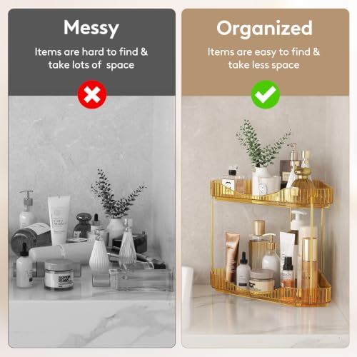 Lifewit 2-Tier Corner Bathroom Counter Organizer, Plastic Makeup Skincare Organizers Storage Countertop, Large Sink Cosmetic Perfume Shelf for Bedroom, Dresser, Kitchen, Vanity, Gold, 25 cm/10inch(H) - color: Gold, size: 2 Tier