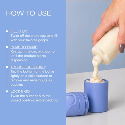 RIES Essential Refillable Toiletry Travel Bottles Airless Pump Set | TSA Approved, Leak Proof Airless Pump, BPA Free Recycled Plastic, 5 Piece Blue Color Set, Dishwasher Safe - color: Runaway Blue