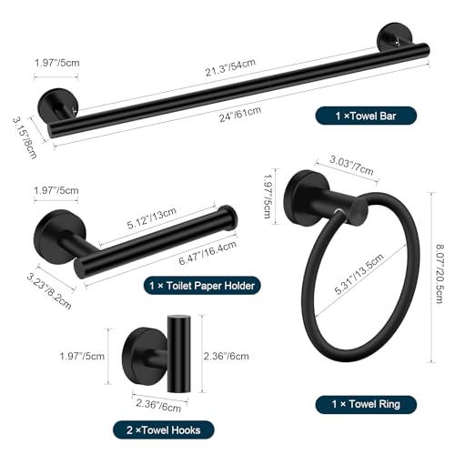 Matte Black Bathroom Hardware Set, Modern 24-Inch Towel Bar Set Wall Mounted, Towel Rack Set Black,Stainless Steel Bathroom Accessories Set Black,5-Pieces - color: Matte Black