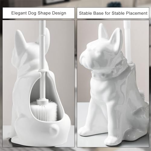 Comeon Ceramic Dog White/Black Toilet Brush and Holder Set, Plastic Handled Scrub Brush for Bathroom Cleaning,13.7"*6.3" (White) - color: White, size: Dog