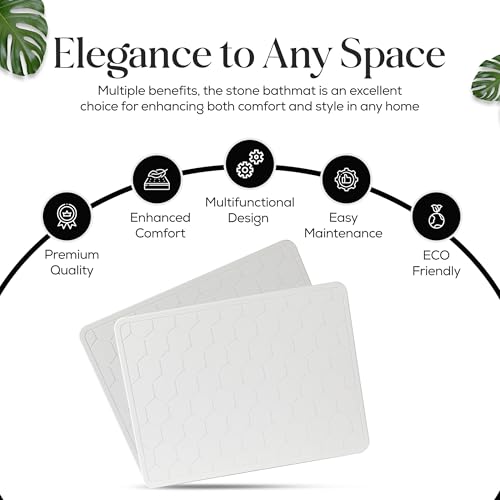 Diatomaceous Earth Stone Bathmat | Eco-Friendly XL Stone Bath Mat 18x24 Inch. Instant Dry Bathroom Mat with Sandpaper & Pads. Multiuse, Kitchen Counter & Stone Dog Bowl Mat (2, White) - color: White