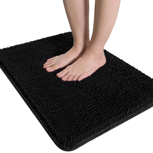 LOCHAS Luxury Bathroom Rug Shaggy Bath Mat 20 x 30 Inch, Washable Non Slip Bath Rugs for Bathroom Shower, Soft Plush Chenille Absorbent Carpets Mats, Black - color: Black, size: 1'8" X 2'6" (20''x30'')
