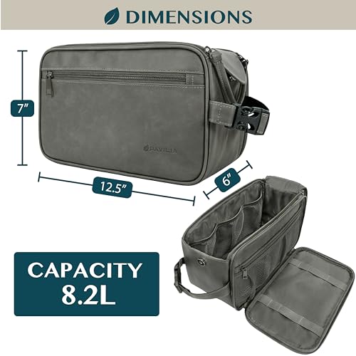 PAVILIA Toiletry Bag for Men, Travel Essentials Shaving Dopp Kit, Mens Travel Bag Toiletries Organizer Case for Grooming, PU Leather Water Resistant Cosmetic Bag Pouch (XL, Dark Grey) - color: Gray, size: Extra Large (12x6x7)