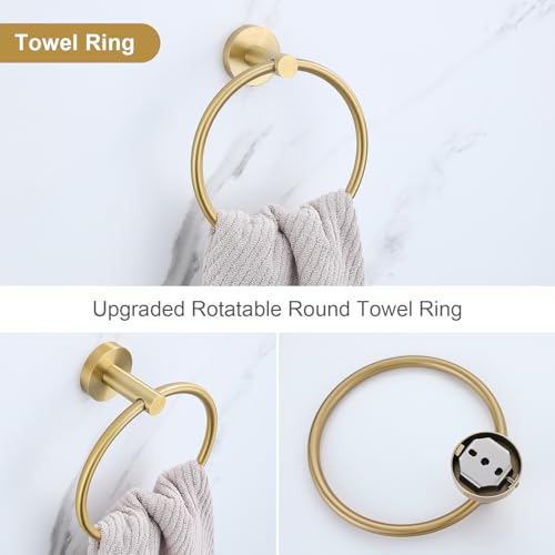 Lairuier 5 Pieces Brushed Gold Bathroom Accessories Set, 23.6 Inch Bath Towel Bar Set, SUS304 Stainless Steel Bathroom Hardware Set Round Toilet Paper Holder Set Wall Mounted - color: Brushed Gold, size: 5-Piece Standard Set