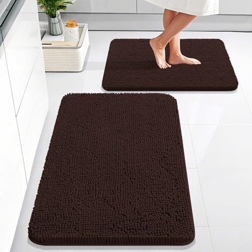 OLANLY Bathroom Rugs Sets 2 Piece, Soft Absorbent Chenille Bath Mats Area Rug Set, Non-Slip, Quick Dry, Machine Washable Bath Mats for Bathroom, Home Decor Accessories (30"x20"+24"x16", Brown) - color: Brown, size: 30" X 20" + 24" X 16"