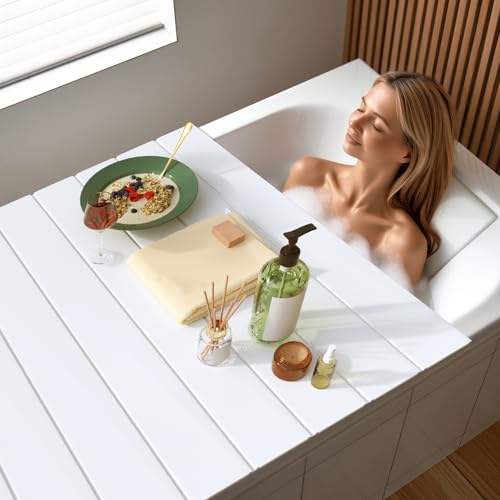 Bathtub Tray, Anti-dust Bathtub Cover, Bath Insulation Cover(59×27×0.24in) | Foldable PVC Shutter Bath Lid Fit Most Tubs, Can Store Wine Glass, Books, Tablets, Cellphones, White - size: 150×70×0.6CM