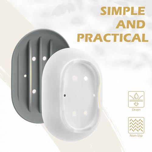 BlingKingdom 2 PCS Silicone Soap Dish Holders, Anti-Slip Portable Self Draining Soap Holder for Shower, Bathroom, Kitchen (White and Grey)