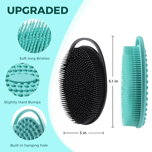 2 Pack Silicone Body Scrubber, Exfoliating Shower Scrubber for All Skin | 2 in 1 dual-sided design, soft bristles and massage bumps side, fast-drying, non-slip handle, for women and men, Black+Green - color: Black&green