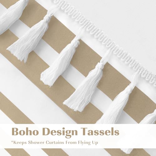 Seasonwood Beige Shower Curtain White Striped Tassel Shower Curtains for Bathroom 72x72 Neutral Shower Curtain, Waterproof - color: Beige and White, size: 72"W x 72"L (Pack of 1)