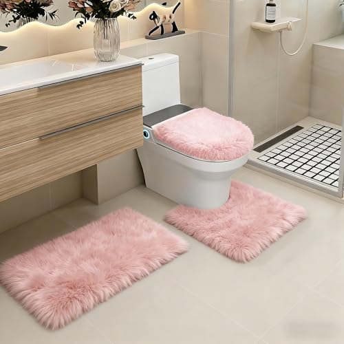 Shaggy Bathroom Rugs Sets 3Piece Bath Mat for Bathrom Non-Slip Bathrom Mats Water Absorbent Bath Rug Floor Mats Soft Washable Shower Rug with U-Shaped Contour Rug Toilet Lid Cover Light Pink - color: Light Pink