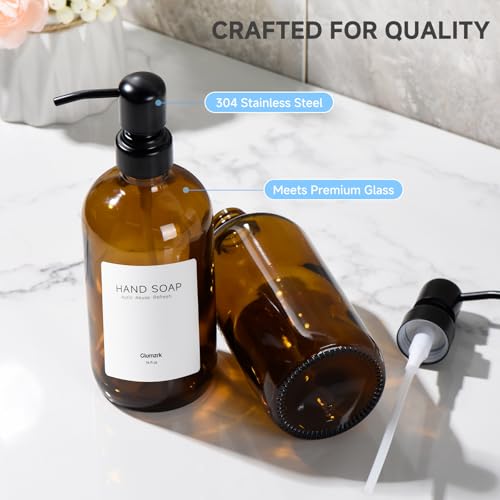2 Pack Kitchen Soap Dispenser Set - 16oz Amber Glass Dish and Hand Soap Dispenser with Stainless Steel Pump, Instant Dry Tray, Dish Brush & Holder, Refillable Countertop Sink Decor for Kitchen & Bath - color: Amber