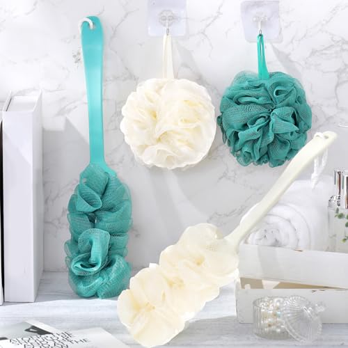 Sunnyray 4 Pack Back Scrubber for Shower and Shower Loofah Sponge Set, 50g Shower Loofah Poufs, Loofah Body Scrubber with Long Handle, Loofah on a Stick Bathing Accessories for Body Brushes