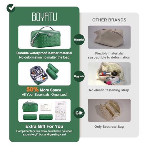 BOYATU Travel Makeup Bag Cosmetic Bags for Women: Large Capacity 3 Pcs Set Make up Bag with Compartments - Waterproof Vegan Leather Toiletry Organizer Bags with Handle (L38 Green) - color: L38 Green