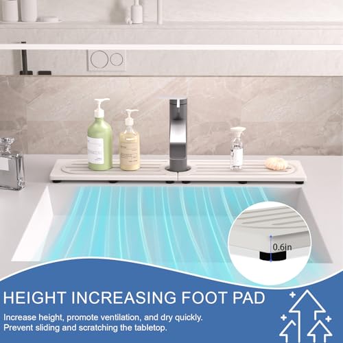 Kitchen Faucet Mat, Diatomite Sink Faucet Mat Splash Guard for Kitchen, Water Absorbing Stone Tray for Sink, Quick Drying Faucet Mat for Kitchen Sink, Absorbent Stone Drying Tray for Bathroom Counter - color: White Gray Style 2, size: 23.7" x 4"