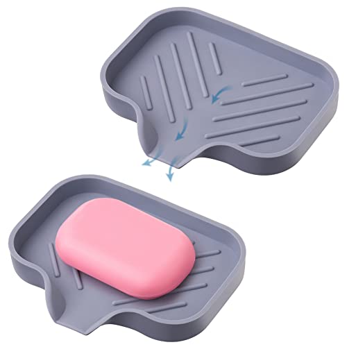 2 Pcs Grey Silicone Self Draining Rectangular Soap Dishes - Waterfall Soap Trays - Soap Dishes for Bar Soap - Soap Boxes - Soap Case - Soap Container - Soap Pads - Kitchen Sink - Shower - Bathroom - color: Gray, size: S(4.7X3.5) 2 PCS
