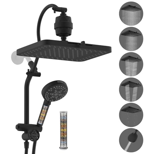 Hibbent 5-spray Dual Filtered Rainfall Shower Head Combo, High Pressure 13'' Showerhead with 10 Spray Mode Handheld, Easy Reach 4-way Diverter Shower Arm with Pause Mode, 71'' Hose and Holder, Black - color: Black, style: Square 13" with filter