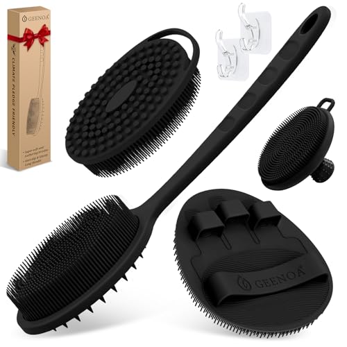 Silicone Back/Body/Face Scrubber & Soft Bath Glove Set 4PCS, Gentle Exfoliating Back & Body Scrubber with Dual-Side Brush Head, Hand-fit Bath Glove & Face Scrubber for Deep Cleaning(Black-4PC) - color: Black*4