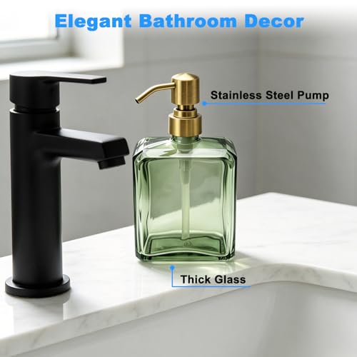 Green Glass Soap Dispenser Square 13.5 oz Hand Soap Dispenser | Rectangular, Rust Proof Stainless Steel Pump, Refillable, For Bathroom Vanity & Kitchen Countertop - color: Green Bottle and Brushed Gold Pump, size: 13.5oz-Square