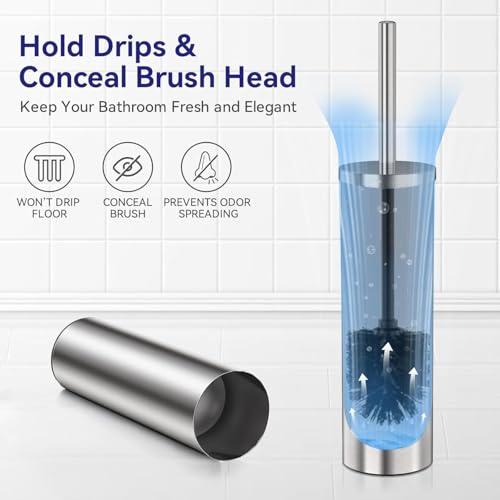DOWRY Stainless Steel Toilet Bowl Brush and Holder for Bathroom, Deep Cleaning Toilet Brush and Holder Set with Long Handle, Hidden Toilet Bowl Brush with 2 Heads,Modern Decor Nickel Round 2PCS - color: Nickel-round-2p, size: Round