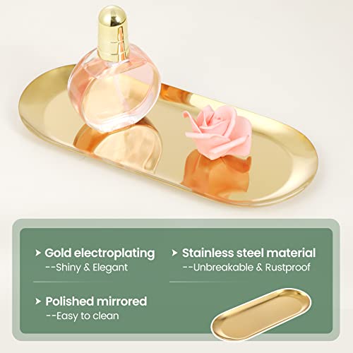 2PACK Gold Decorative Tray, Bathroom Vanity Tray for Dresser Counter, Stainless Steel Jewelry Dish Tray for Decor, Perfume Ring Key Candle Organizer Tray, Oval - color: Gold