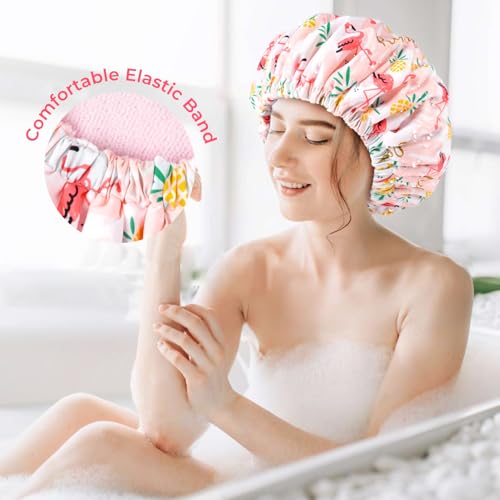 Shower Cap for Women Terry Lined Bath Cap Large Reusable Waterproof Elastic Band Pink Flamingo Shower Caps for Long Thick Hair Soft Bath Shower Hair Caps - color: Pink Flamingo